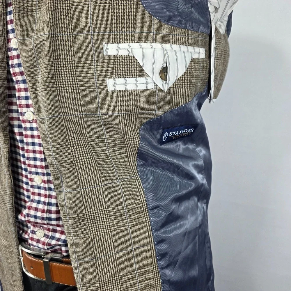 Stafford Men's Sport Coat Blazer Two Button Peak Brown Flannel‎ Wool 38L Slim